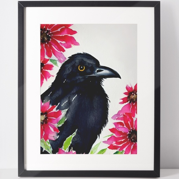 Other - Wall Art Watercolor Floral Raven Crow Illustration Print Poster Card Unframed